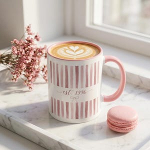 30th Birthday Gift for Her, EST 1996 Pink Stripe Bow Mug, Born in 1996 Accent Ceramic Cup, Milestone Birthday Gift for Women