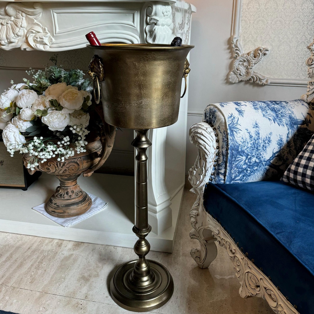 Vintage Brass Plate Champagne Bucket with Lion Head and Embossed Design & Dual Handles
