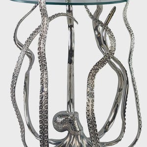 Handgefertigter Octopus Beistelltisch aus Aluminium mit Glasplatte - Nautisches Küstendekor