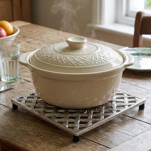 May include: A cream-colored ceramic pot with a matching lid featuring a textured lattice pattern on the top, resting on a square silver-toned metal trivet with a woven design and small black feet, with visible steam rising from the pot.