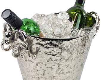 Octopus Handle Aluminum Ice Bucket | Coastal Barware Silver Plated Champagne Bucket