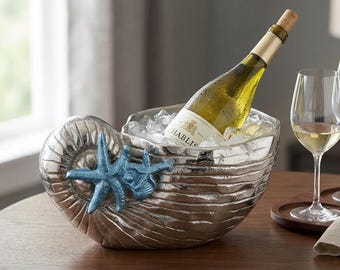 Nautilus Shell Wine Cooler | Polished Aluminum Nautical Bar Decor