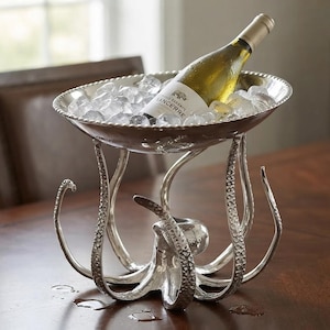 May include: A silver-toned metal wine chiller featuring a bowl supported by a base shaped like octopus tentacles. The bowl is filled with ice cubes and contains a bottle of Sancerre wine with a white label. The base has textured suction cups.