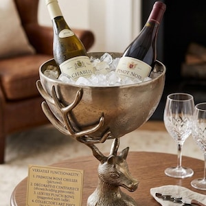 Antique Brass Aluminum Deer Stand Bowl, Wine Chiller Centerpiece