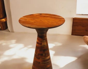 Handcrafted Acacia Wood Pedestal Table, Modern Rustic Farmhouse Accent Side Table