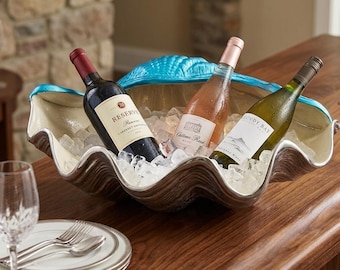 Giant Clam Seashell Wine Cooler, Aluminum Ice Bucket, Nickel Enamel Finish, Coastal Decor