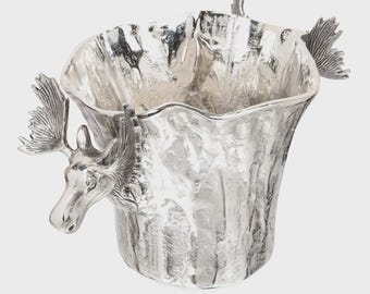 Handcrafted Aluminum Moose Wine Bucket – Rustic Lodge Barware, Silver Plated Champagne Cooler