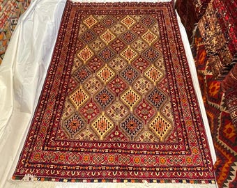 Hand-Knotted Yusuf Bayi Rug: Crimson & Golden Lattice, 9.9x6.7 ft