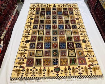 Hand-Knotted Wool Garden Rug: 9.6 x 6.4 ft, Cream & Earth Tones