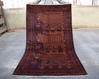 Hand-Knotted Sheer Chaap Lion Print Rug - Authentic Tribal Animal Motif, (6.6 x 3.9 ft)