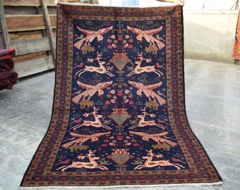 Hand-Knotted Shekaargahe Zakkani Rug- Traditional Hunting Scene Design, 6.4 x 4.1 ft