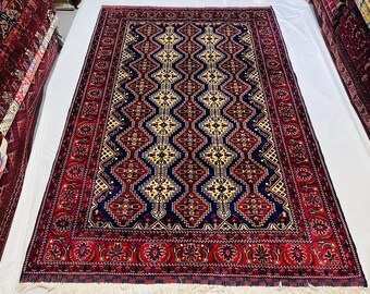 Hand-Knotted Yusuf Bay Rug (9.9 x 6.7 ft) - Midnight Navy & Crimson Wool
