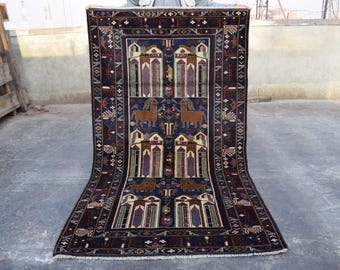 Hand-Knotted Ahoo Chaap Tribal Rug Traditional Deer & Gazelle Narrative Motif, (6.10x3.10 ft)