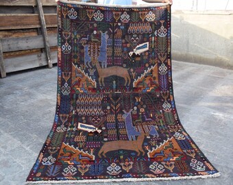 Hand-Knotted Shekaargahe Zakkani Tribal Rug  Vibrant Hunting Scene & Animal Motif, (6.6 x 3.10 ft)