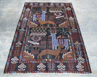 Hand-Knotted Shekaargahe Zakkani Rug Traditional Hunting Scene & Bird Motifs, (6.10 x 4.1 ft)