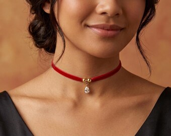 Gargantilla con colgante de cinta de terciopelo rojo, gargantilla de cuerda de circonita para mujer