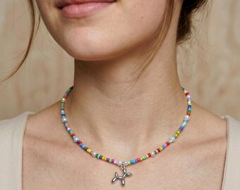 Collar con cachorro de globo multicolor, gargantilla de cuentas arcoíris, joyería estilo Y2K