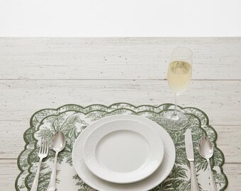 Toile de Jouy Inspired Placemats, Placemat Set of 2, 4 or 6, Scalloped Fabric Placemats, Toile de Jouy Table Decor, Placemat for Serving