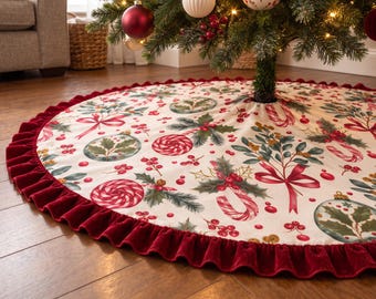 Kerstboomrok met feestelijke print en fluwelen ruches of glitterlint.