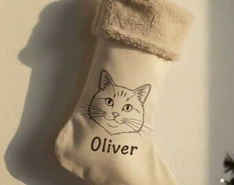 Christmas Stocking Pet Customization, Minimal Line Art Dog & Cat Stocking, Christmas Stocking with Name and Figure, Personalized Pet Gift