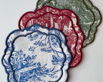 Toile de Jouy Fabric Coasters Set of 4 or 6, Toile de Jouy Style Coasters, Family Table Decor, Green Red Blue Coaster Set, Minimal Coasters