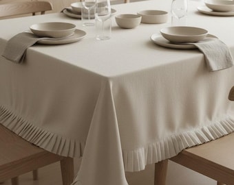 Ruffled Linen Blend Tablecloth, Farmhouse Dining Table Cover, Romantic Red Table Decor, Custom Sizes for Dining Table, Ruffled Linen Design