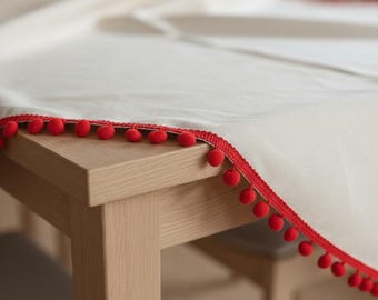 Valentine Red Pom Pom Tablecloth, Linen Blend Cream Tablecloth, Custom Size Table Cover, Square/Rectangle/Round,Romantic Dining Table Decor