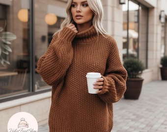 Women’s Oversized Sweater – Chunky Knit Turtleneck Pullover In Multiple Colours