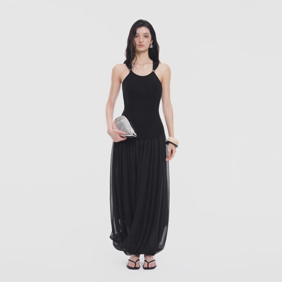metal ring halter neck dress JOCENOIR Black Maxi golf outfit women