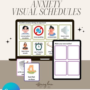 以下が含まれることがあります： ラップトップとタブレットに表示された、不安を管理するためのデジタルビジュアルスケジュール。スケジュールには、「話すのをやめる」や「ゆっくりと呼吸する」などのイラスト付きの手順が含まれています。テキストは「ANXIETY VISUAL SCHEDULES」と表示されています。
