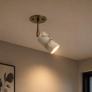 Aged Brass Adjustable Ceiling Spotlight , Alabaster Brass Focus Light Shade , Mid Century Modern Flush Mount, Cylindrical Swivel Spot Lamp