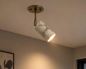 Foco de techo ajustable de latón envejecido, pantalla de luz de latón alabastro, plafón de estilo moderno de mediados de siglo, lámpara de techo cilíndrica giratoria.