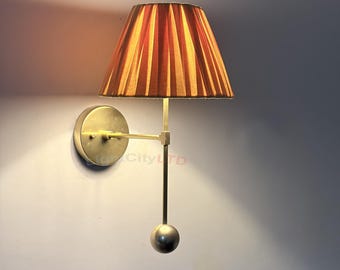 Mid Century Wall Lamp With Pleated Fabric Shade , Aged Brass Wall Sconce , Vintage Home Decor light