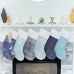 Nautical Christmas Stockings- Beach House Holiday Decor- Sailboat Navy and Spa Blue Stockings- Designer Beach Decor- Family Gift
