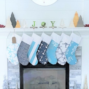 Nautical Christmas Stockings- Navy and Aqua Beach House Decor- Modern Ocean Blue Stockings- Custom Sailor Holiday Decor- Mix and Match