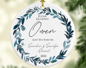 Grandbaby Ornament- Personalized Gift for Grandson- Blue Watercolor Wreath- Love You Forever