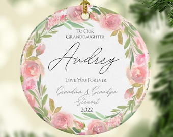 Pink Grandbaby Ornament- Personalized Gift for Granddaughter- Rose Watercolor Wreath- Love You Forever