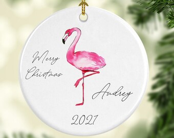 Pink Flamingo Ornament- Watercolor Custom Name Ornament- Personalized Christmas Keepsake
