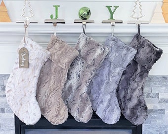 Faux Fur Christmas Stockings- Rustic Farmhouse Decor- Personalized Wooden Tag- Custom Made with Luxe Cuddle Minky