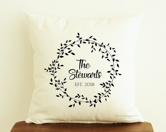 Last Name Pillow, Personalized Throw Pillow, Wreath Family Pillow, Wedding Gift, Zippered Pillow Cover, Custom Toss Pillows, Farmhouse Decor