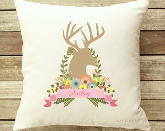 Personalized Throw Pillow, Deer Head Pillow, Baby Gift, Girls Nursery Decor, Toss Pillow for Girl, Zippered Pillow, Play Room Decor, Antlers