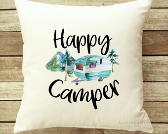 Happy Camper Throw Pillow, Nature Pillow, Camping Decor, Decorative Pillow, Hiking Decor, Zippered Pillow, Mountain Pillows, Adventure Decor