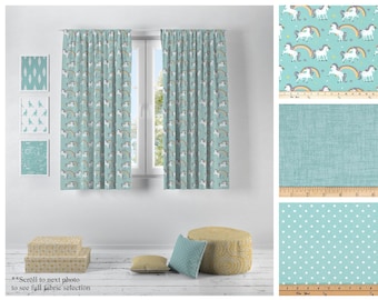 Cortinas de diseñador de canal- Par de paneles de cortinas- Premier Prints Aqua Custom Drapes- Decoración de vivero azul con unicornios, puntos o tela Jackson