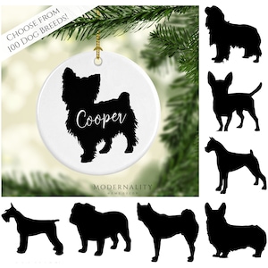 Custom Dog Silhouette Ornament- Personalized Christmas Gift for a Pet Owner- Choose Your Breed- Black and White Modern Ornament