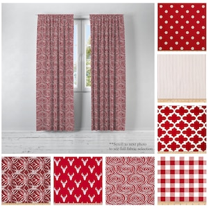 May include: Red and white patterned curtains with a variety of designs, including polka dots, stripes, geometric patterns, and reindeer. The text "Scroll to next photo to see full fabric selection" is visible at the bottom of the image.