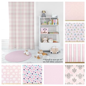 May include: A collection of pink and white fabric swatches with various patterns, including plaid, polka dots, stripes, rainbows, elephants, and hearts.  Scroll to next pic to see full fabric selection.