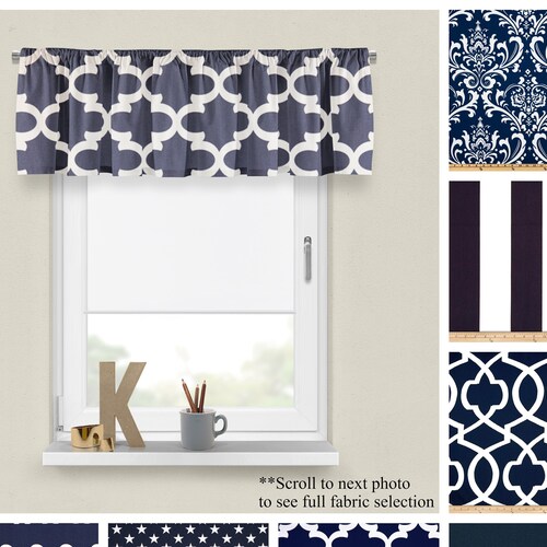 New NAVY blue scroll WHITE nautical DRAPERY weight fabric window VALANCE lined 