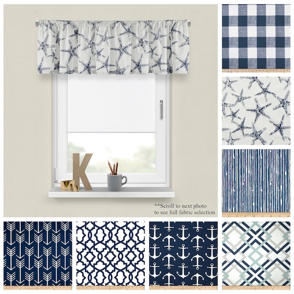Premier Navy Window Valances- Premier Prints Panel decorativo azul- Decoración náutica del hogar- Estilo recto u ondulado- Elija su patrón