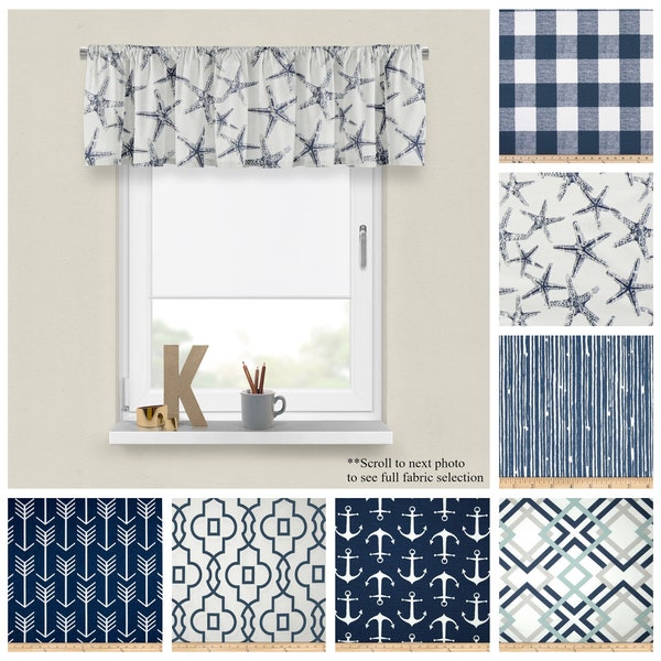 Premier Navy Window Valances- Premier Prints Blue Decorative Panel- Nautical Home Decor- Straight or Wavy Style- Choose Your Pattern