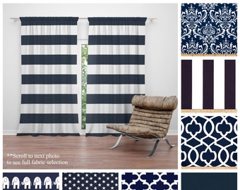 Cortinas personalizadas azul marino- Par de paneles de cortinas- Premier imprime cortinas de café azul o tratamientos de ventana largos- Elija su tamaño
